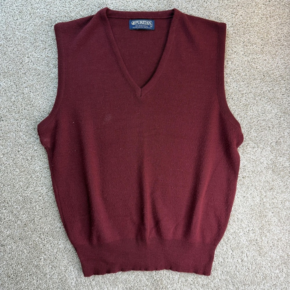 Vintage Puritan Sweater Vest Mens XL Red Tight Knit V Neck Acrylic Pullover USA